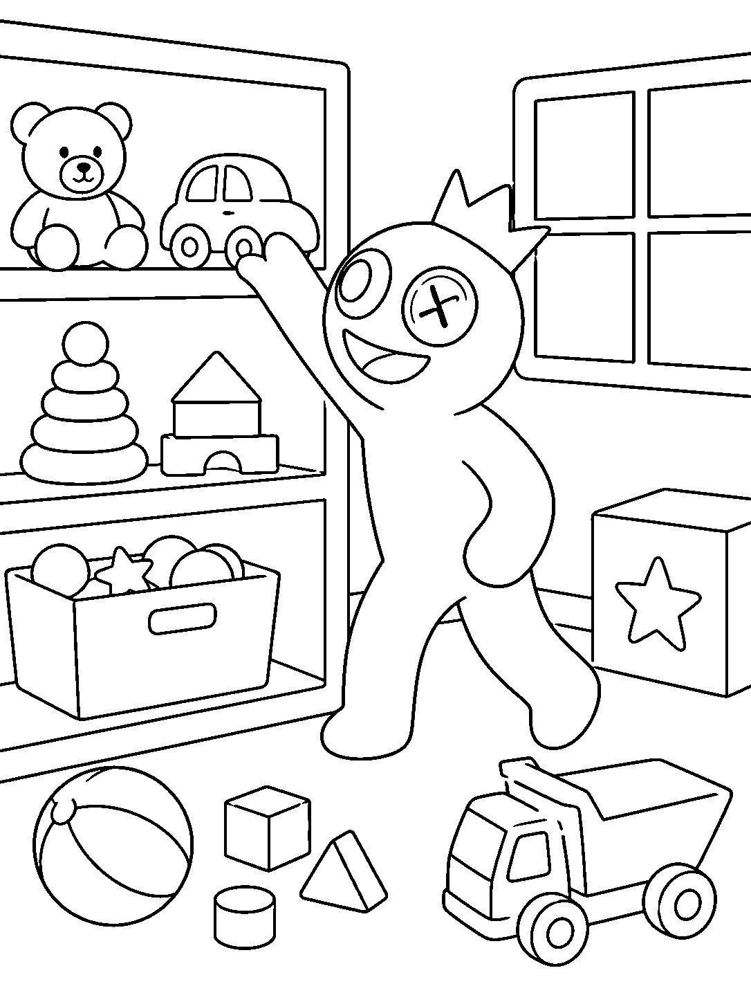 rainbow friends blue reaching in toy room line art