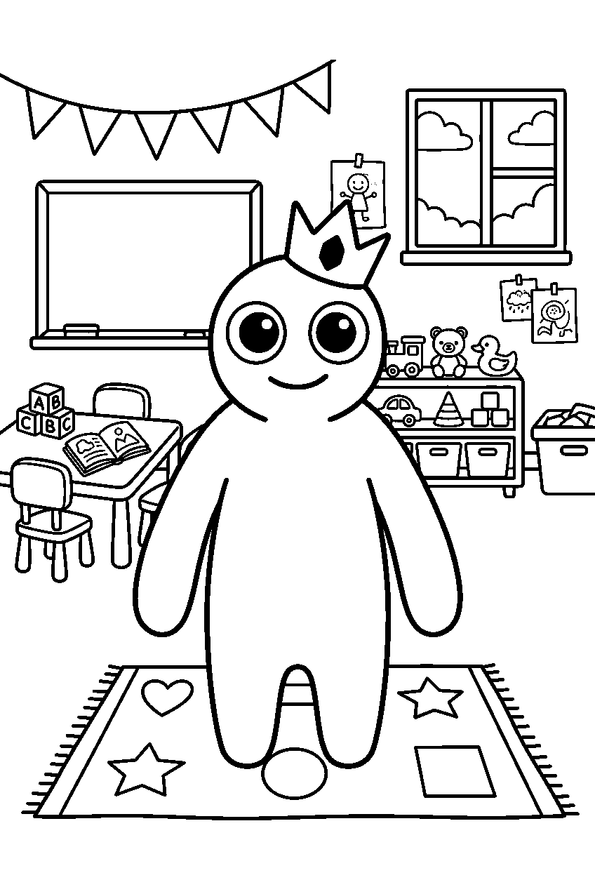 rainbow friends blue standing in kindergarten classroom line art