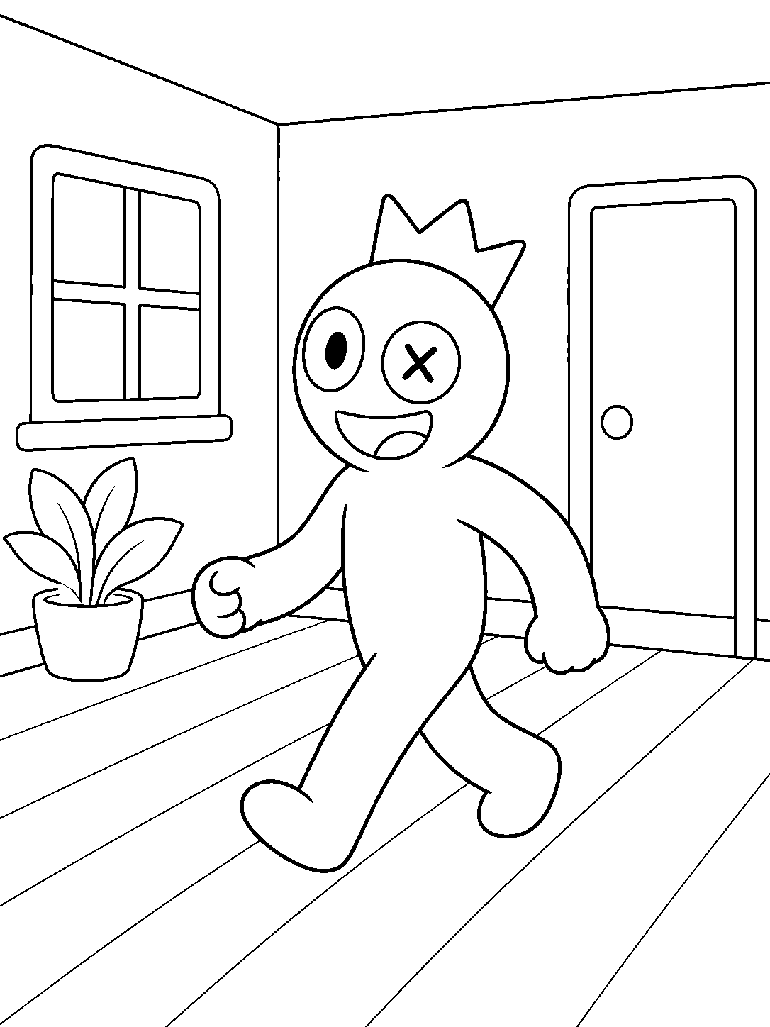 rainbow friends blue walking in simple room line art