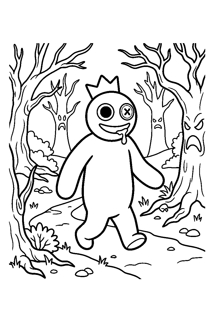 rainbow friends blue walking in spooky forest line art