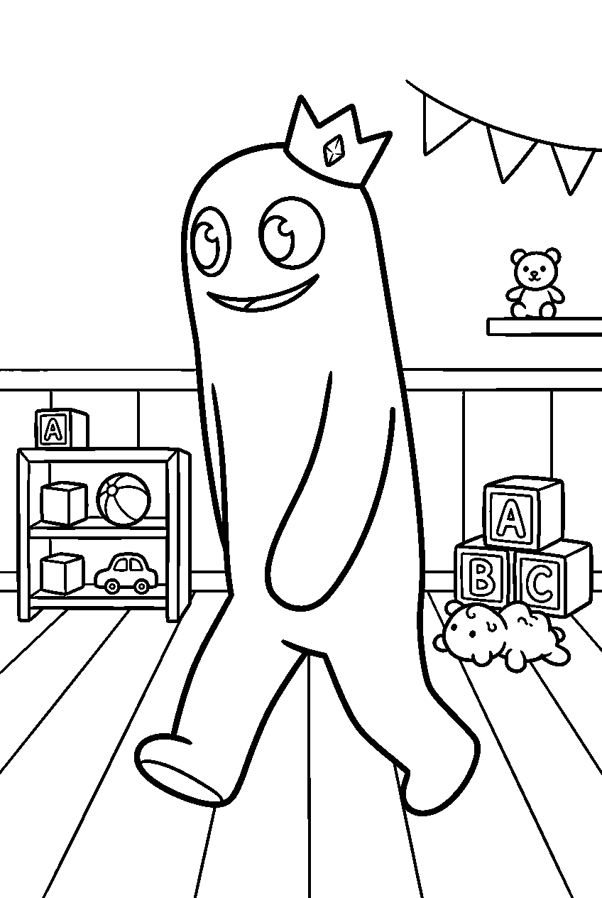 rainbow friends blue walking slowly in toy room line art