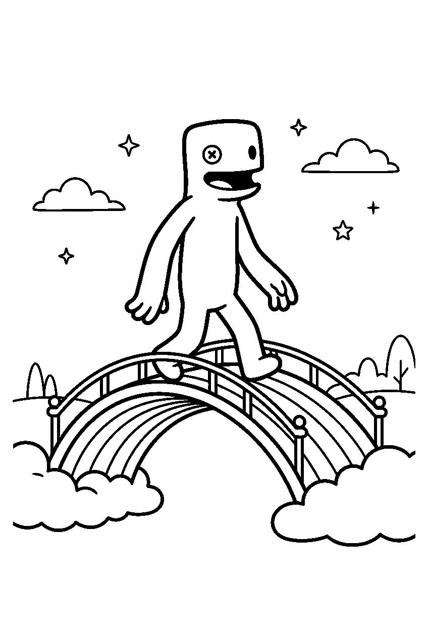 rainbow friends blue walking slowly on rainbow bridge line art
