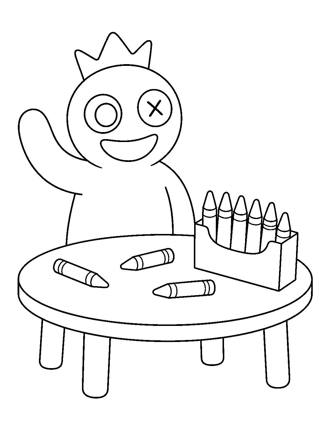 rainbow friends blue waving at crayon table line art