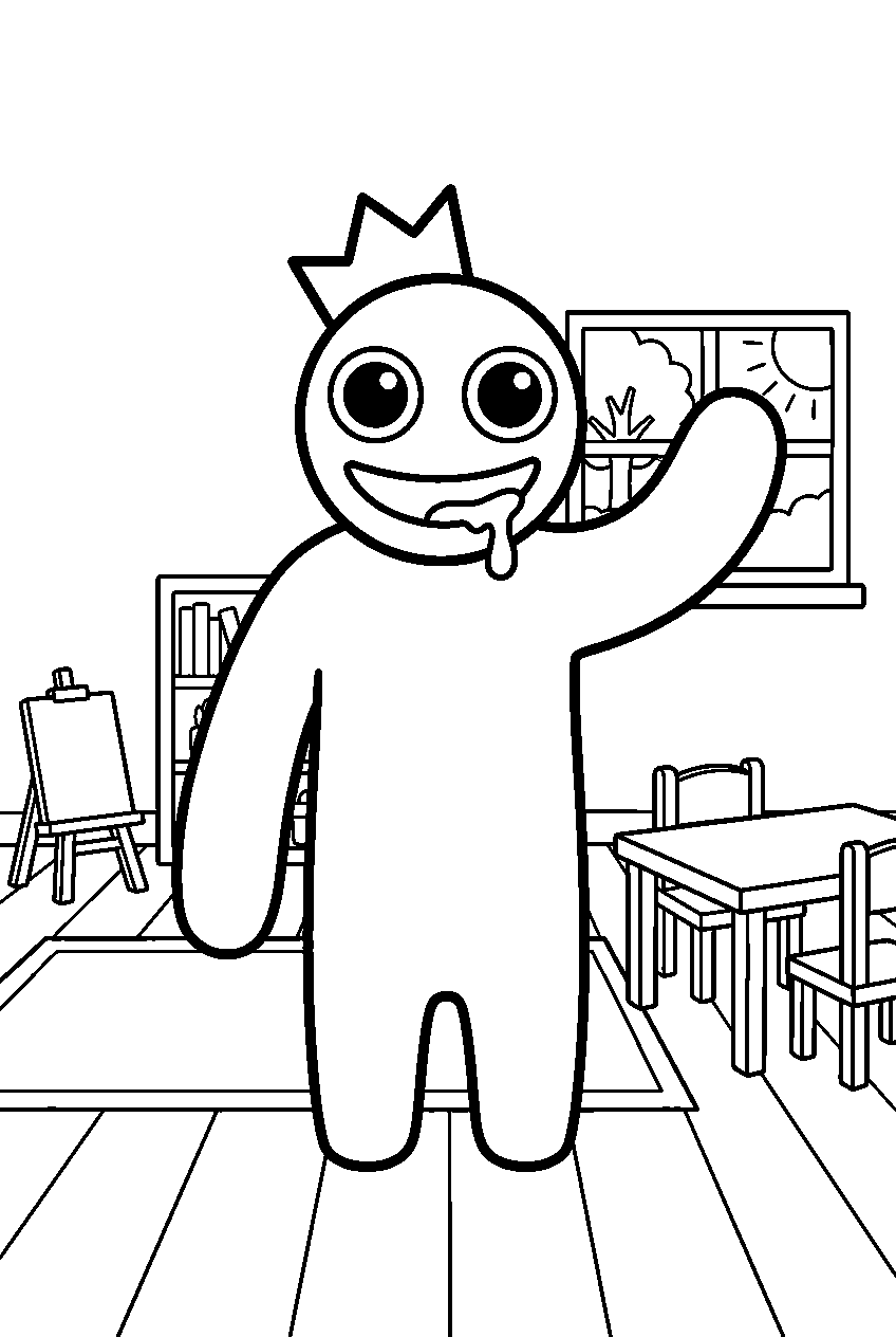 rainbow friends blue waving in kindergarten classroom line art