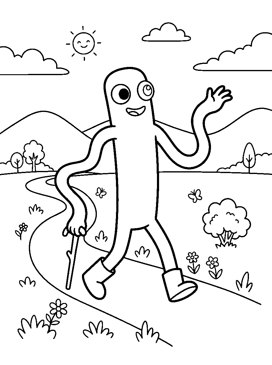 rainbow friends green exploring in open field line art