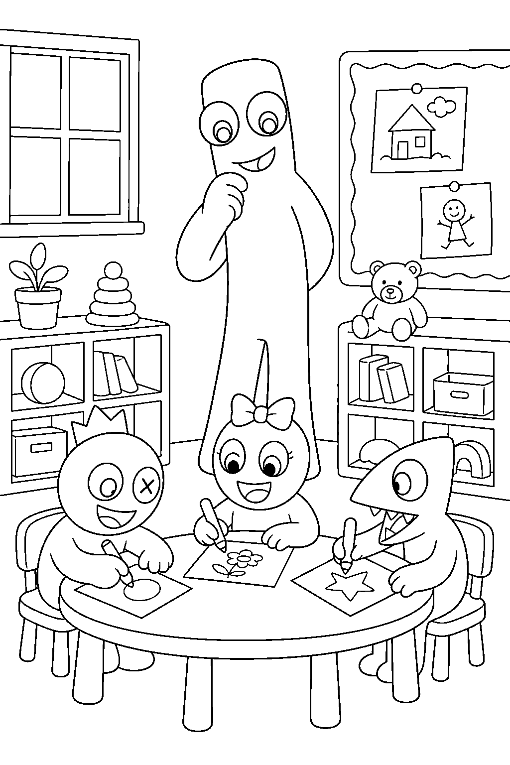 rainbow friends green observing in kindergarten classroom line art
