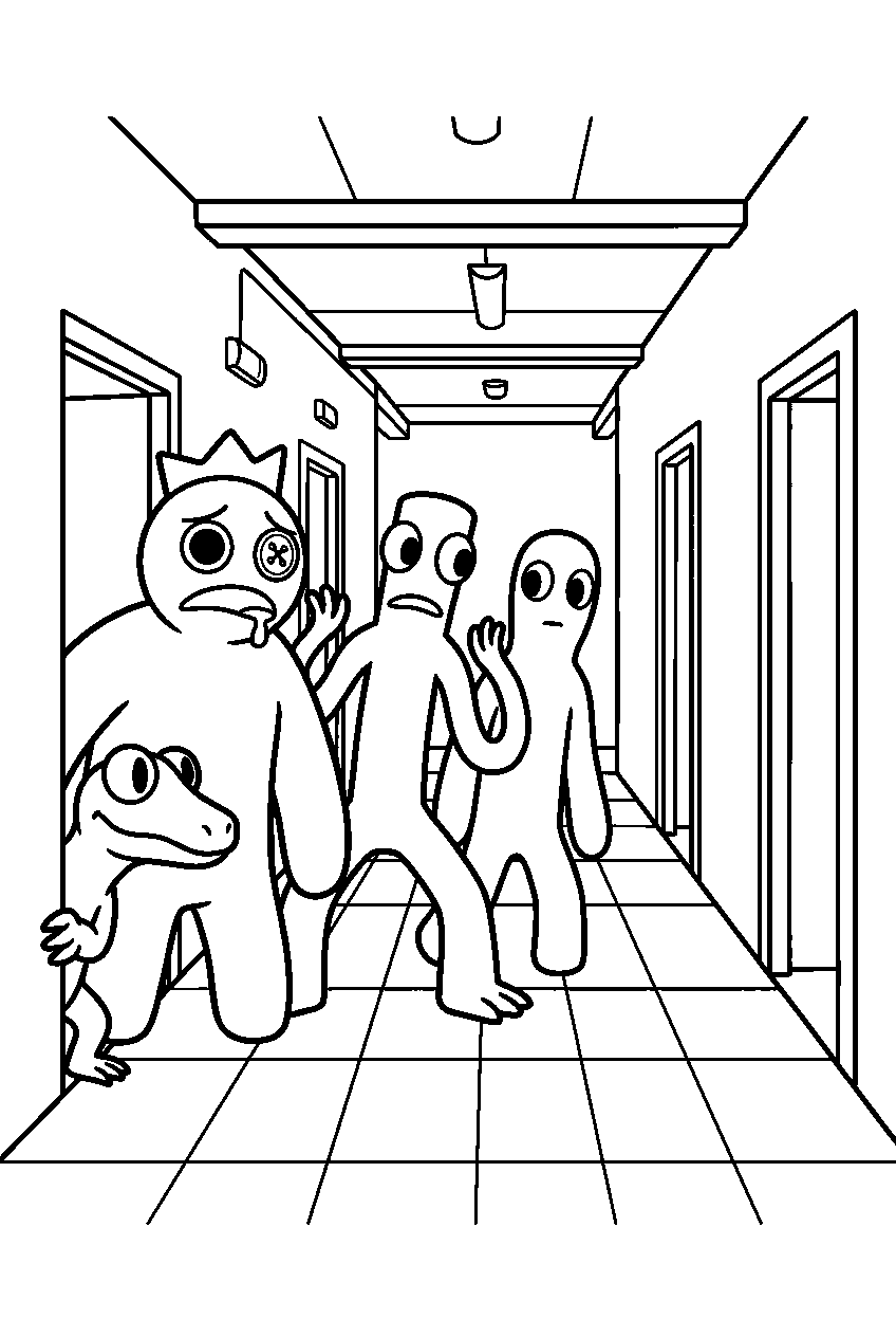 rainbow friends looking around in dark hallway line art
