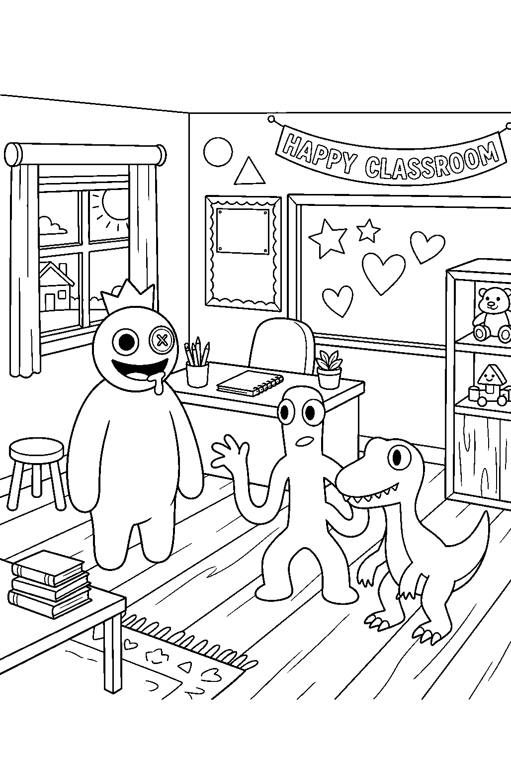 rainbow friends observing in colorful classroom line art