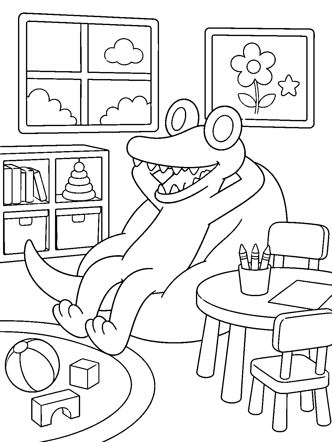 rainbow friends orange resting in kindergarten classroom line art