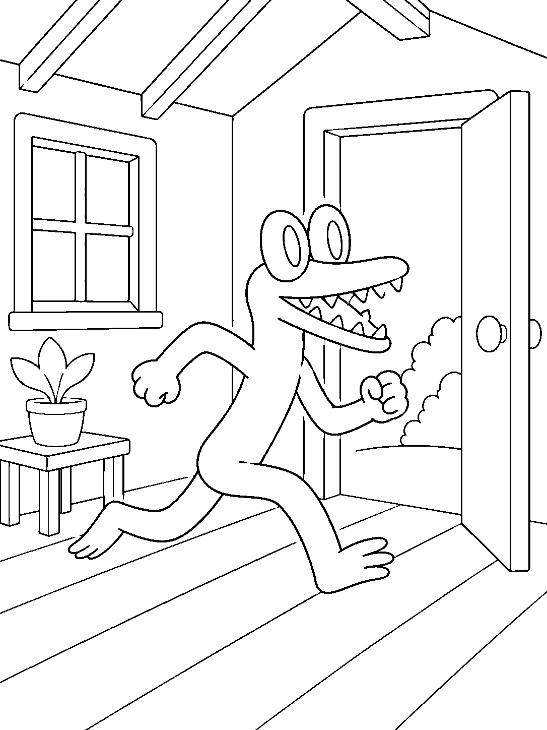 rainbow friends orange running in small house line art