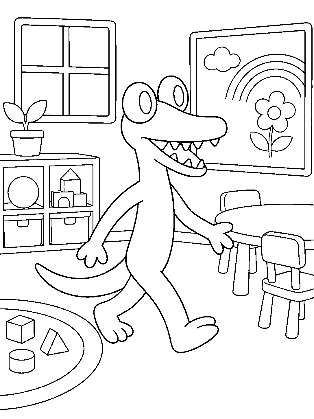 rainbow friends orange walking in kindergarten classroom line art