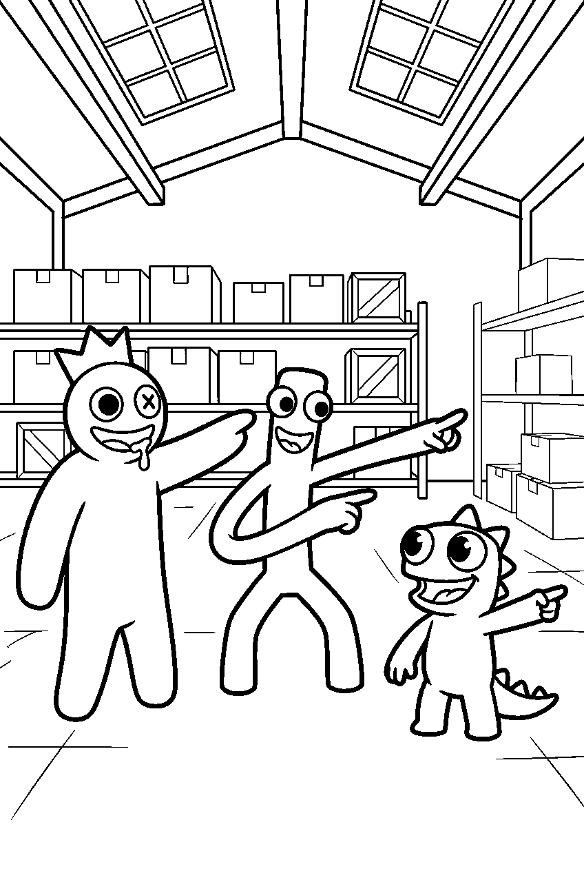rainbow friends pointing in warehouse line art