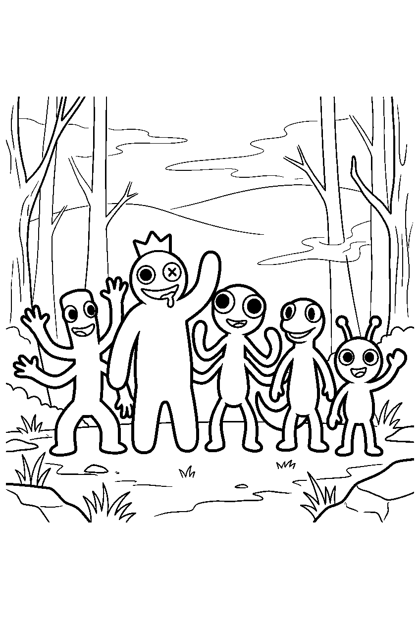 rainbow friends posing in misty forest line art