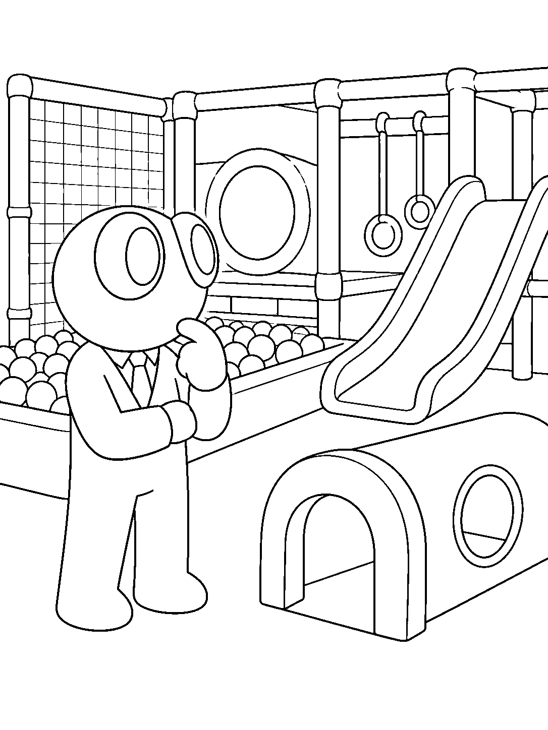 rainbow friends red observing in indoor playground line art