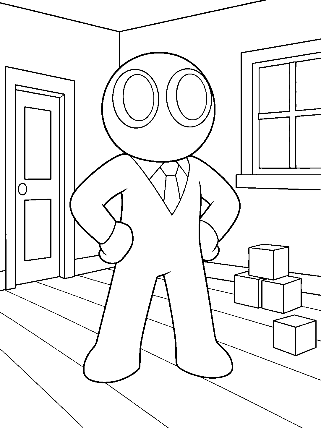 rainbow friends red standing confidently in room line art