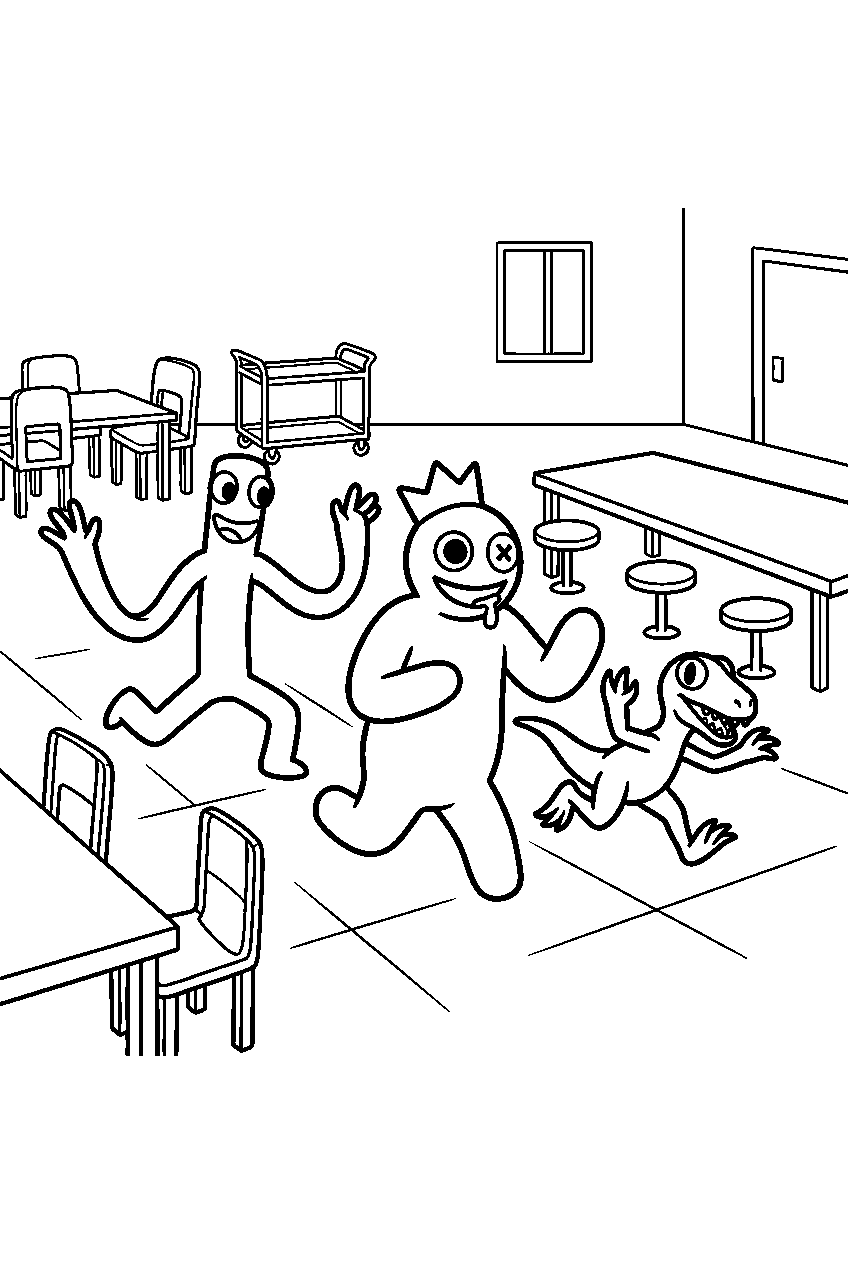 rainbow friends running in cafeteria line art