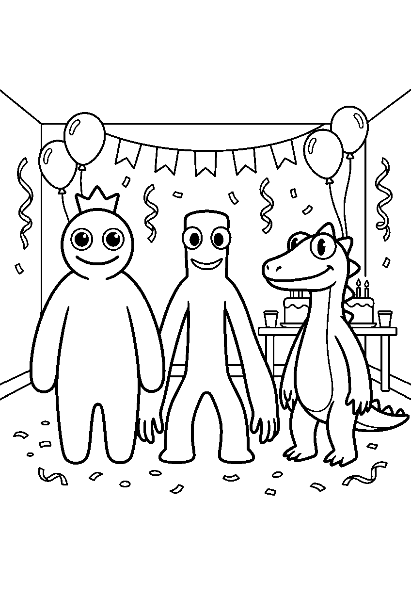 rainbow friends standing calmly in party room line art