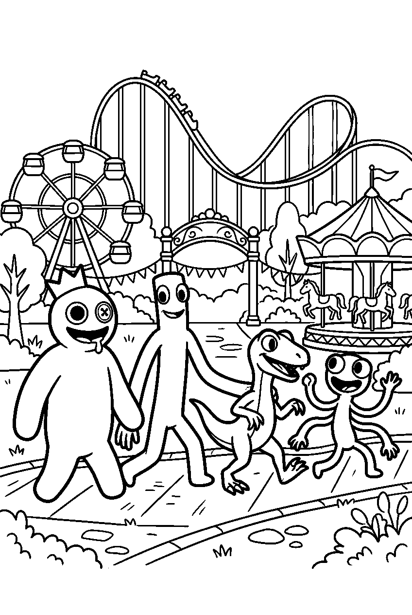 rainbow friends walking in amusement park line art