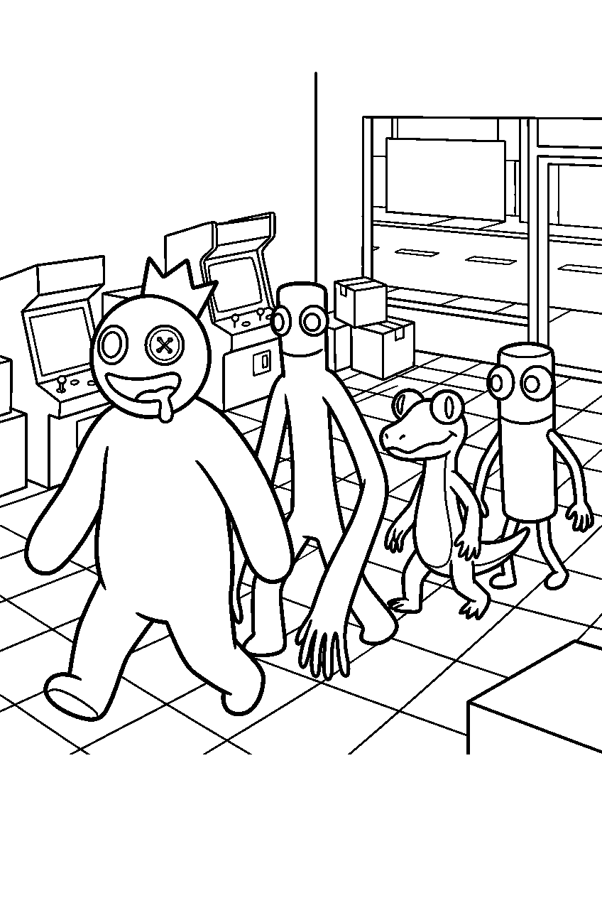 rainbow friends walking slowly in game room line art