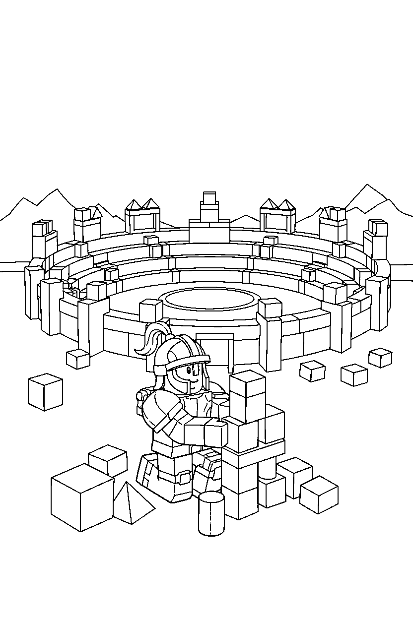 roblox adventurer building with blocks near a block arena line art