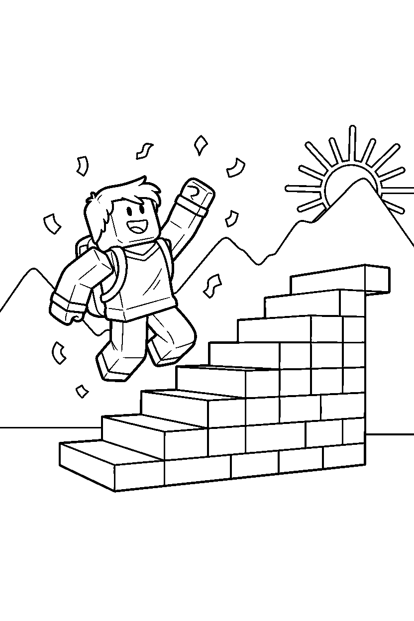 roblox adventurer celebrating victory near block stairs line art