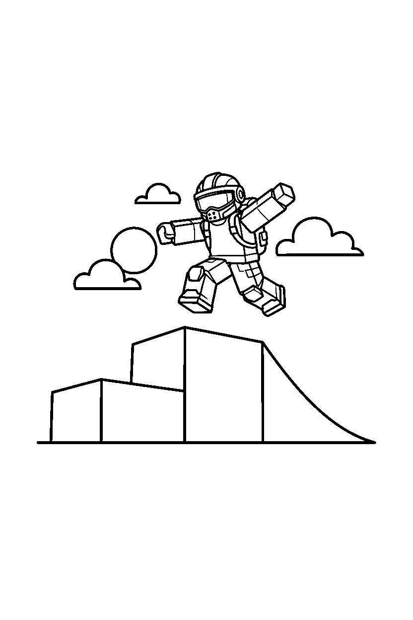 roblox adventurer jumping near a block ramp line art