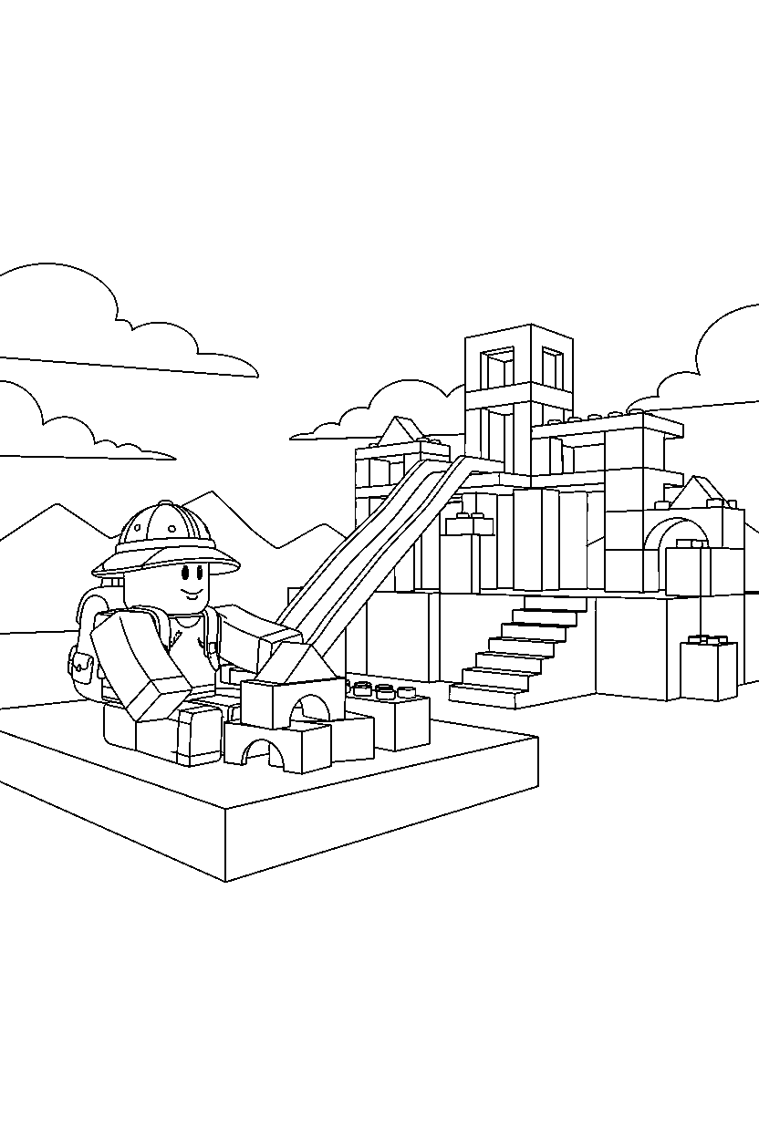 roblox adventurer playing with blocks near a block adventure park line art