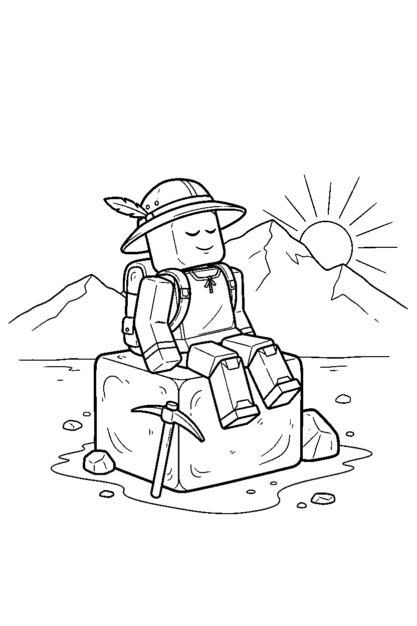 roblox adventurer resting near a block square line art