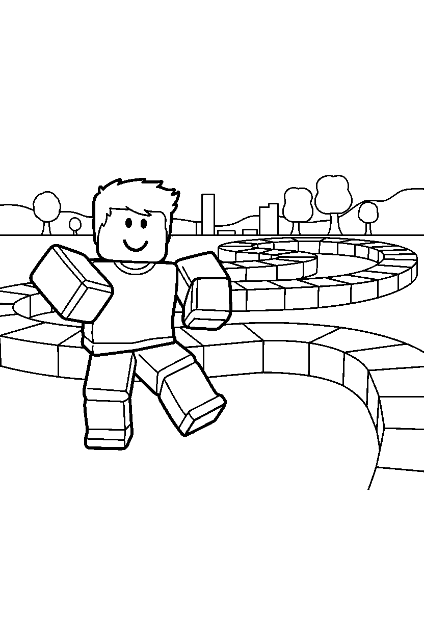 roblox avatar dancing near a block race track line art