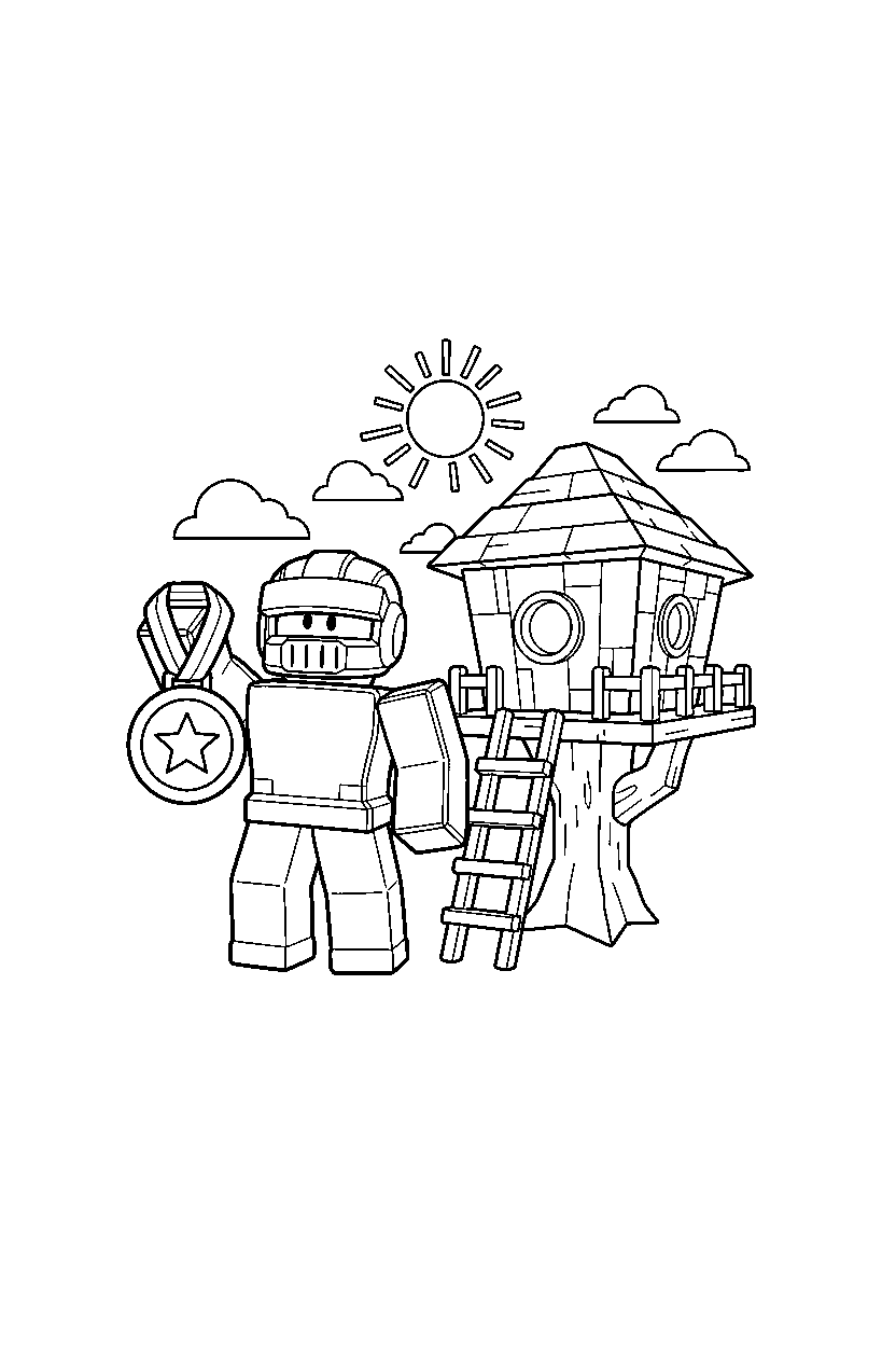 roblox avatar holding a medal near a block tree house line art
