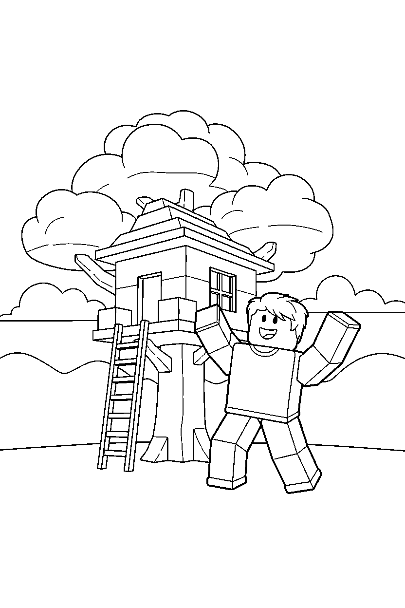 roblox avatar posing near a block tree house line art