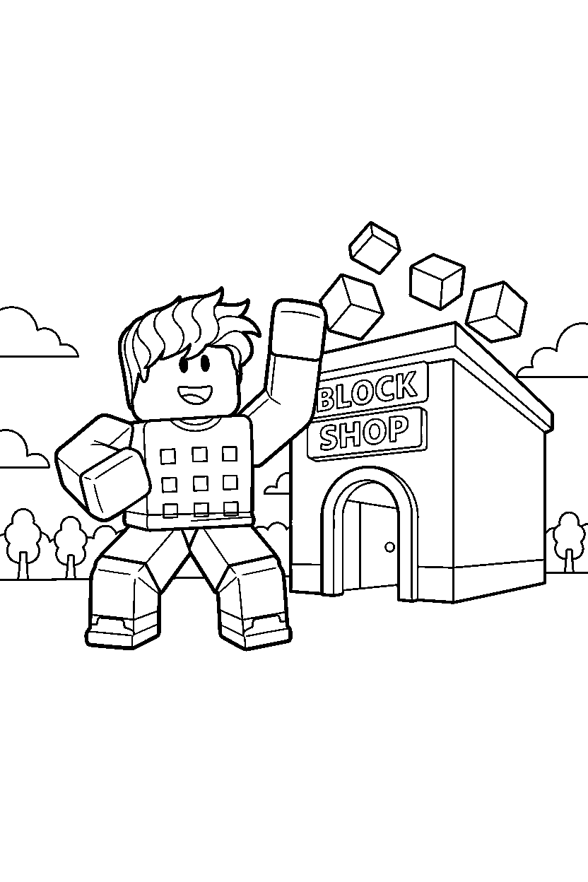 roblox bacon hair avatar dancing near a block shop line art