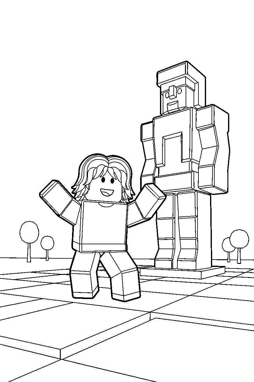 roblox bacon hair avatar dancing near a block statue line art
