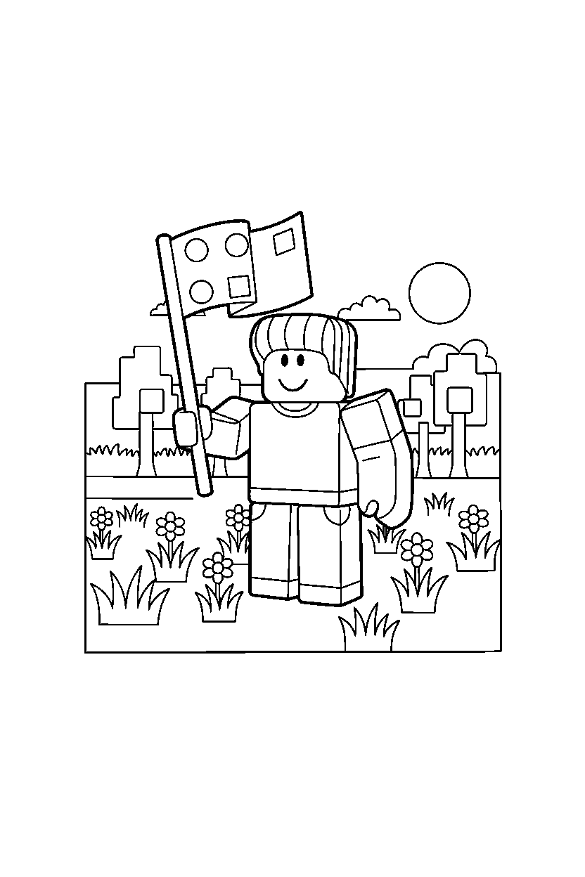 roblox bacon hair avatar holding a flag in a block meadow line art