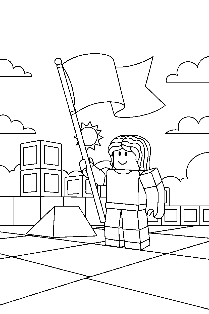 roblox bacon hair avatar holding a flag near a block training ground line art
