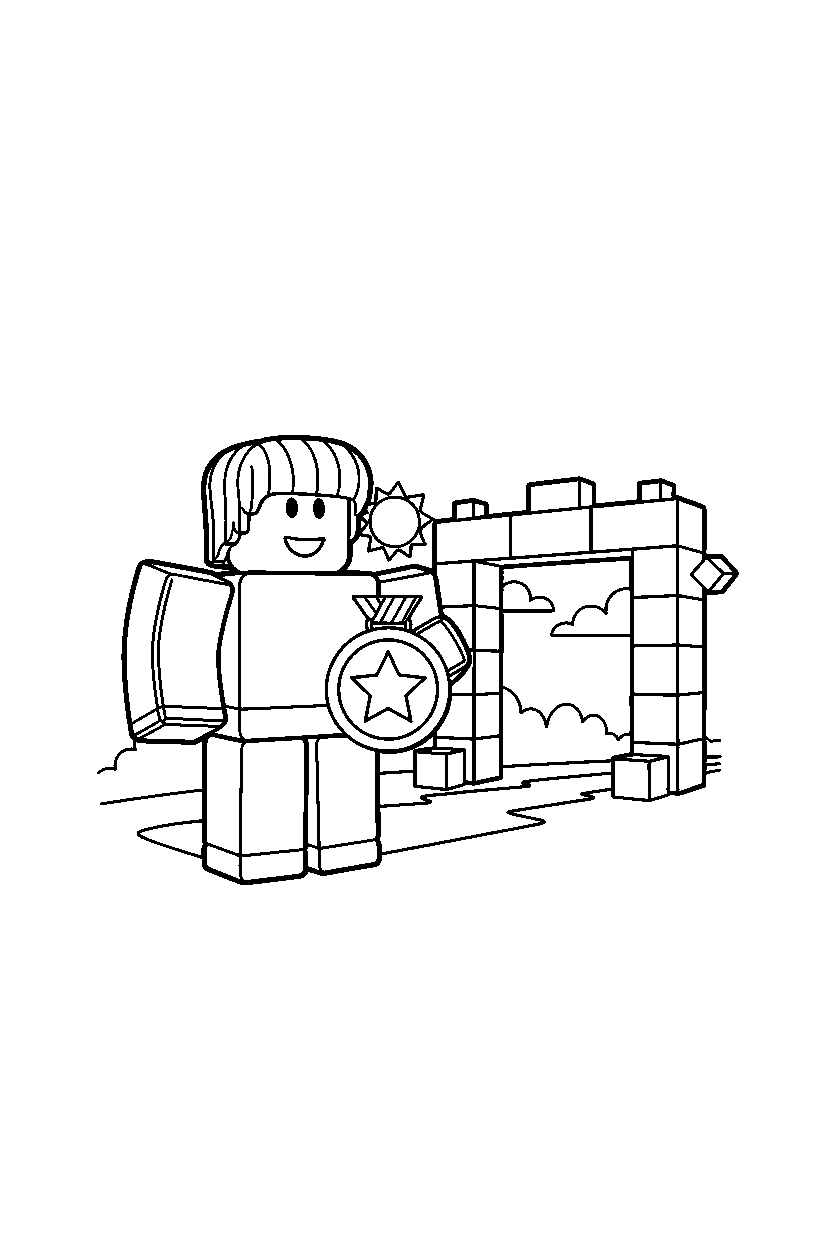 roblox bacon hair avatar holding a medal near a block gate entrance line art