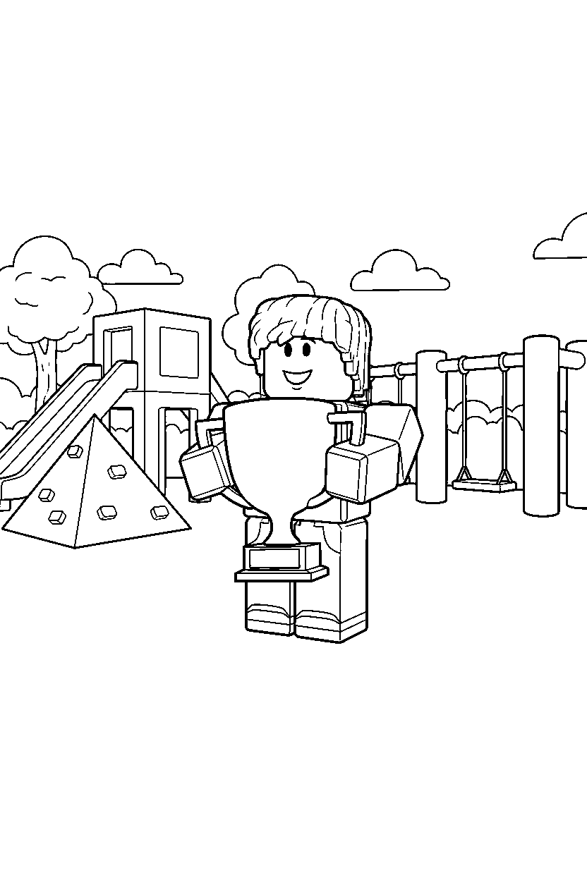 roblox bacon hair avatar holding a trophy in a block playground line art