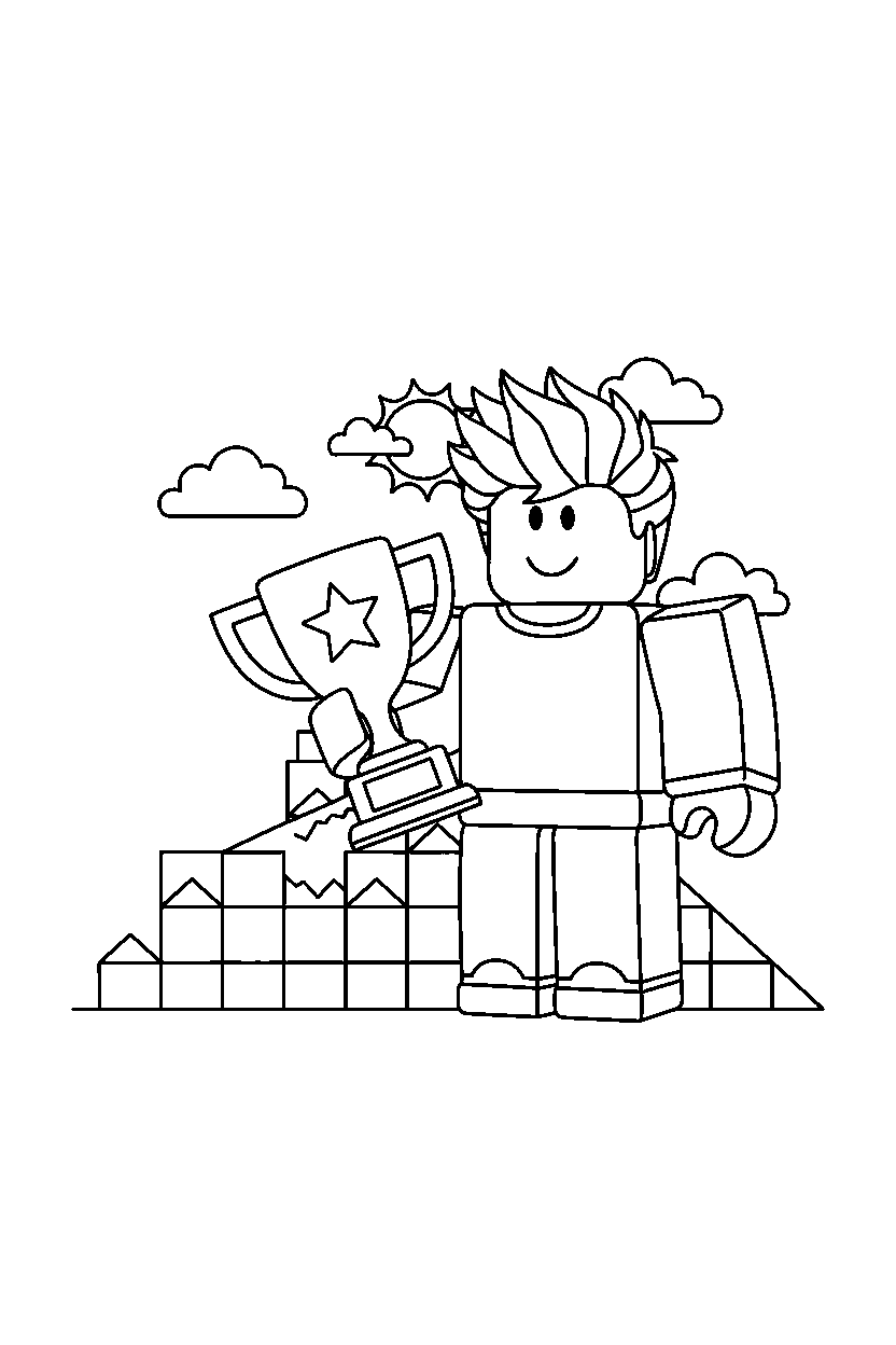 roblox bacon hair avatar holding a trophy near a block hill line art