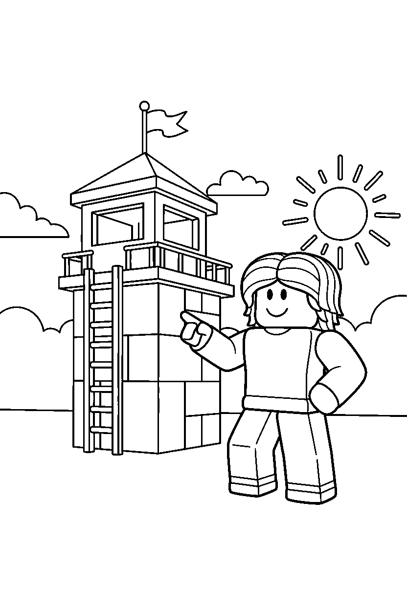 roblox bacon hair avatar posing near a block lookout line art