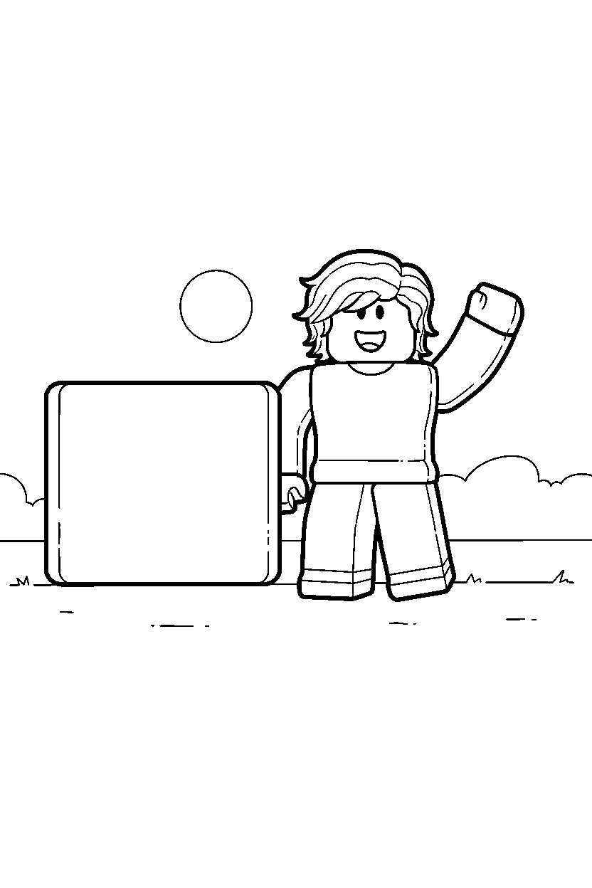 roblox bacon hair avatar waving near a block square line art