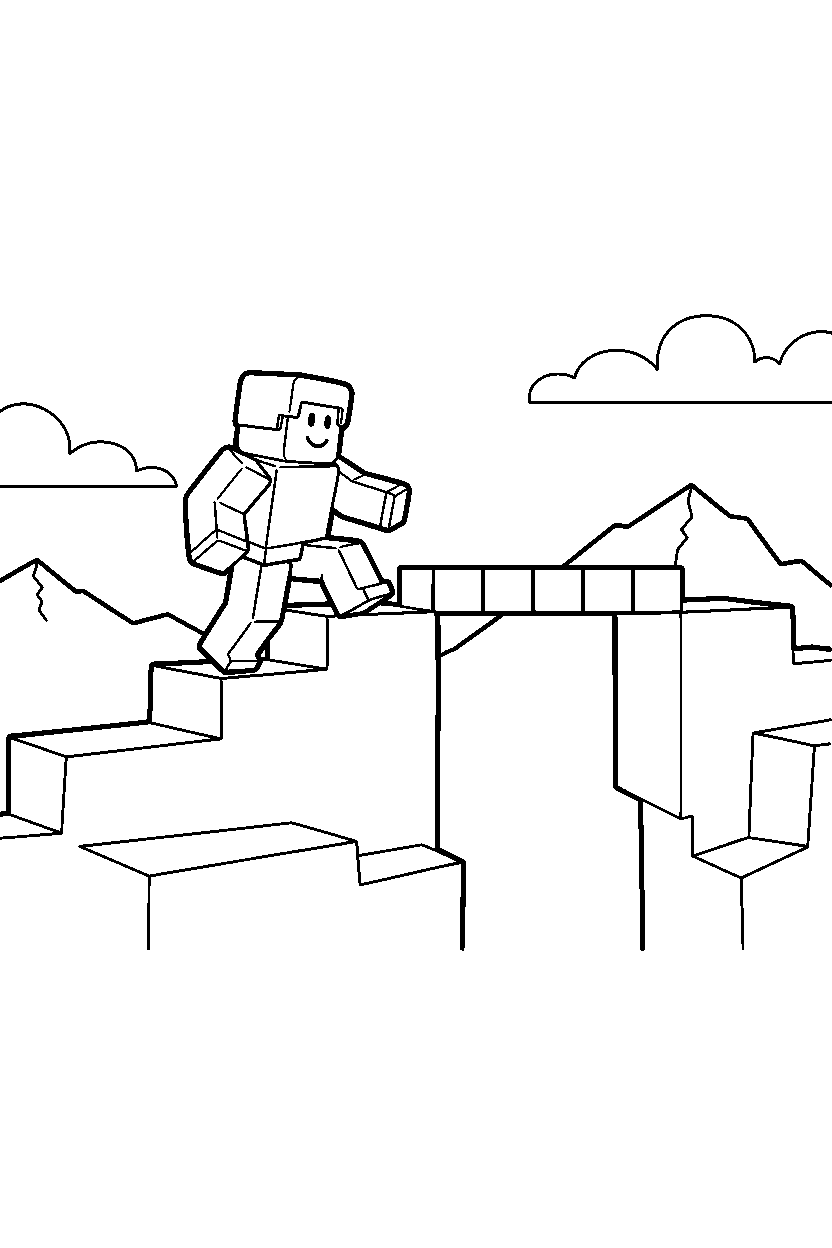 roblox block adventurer climbing blocks near a block bridge line art