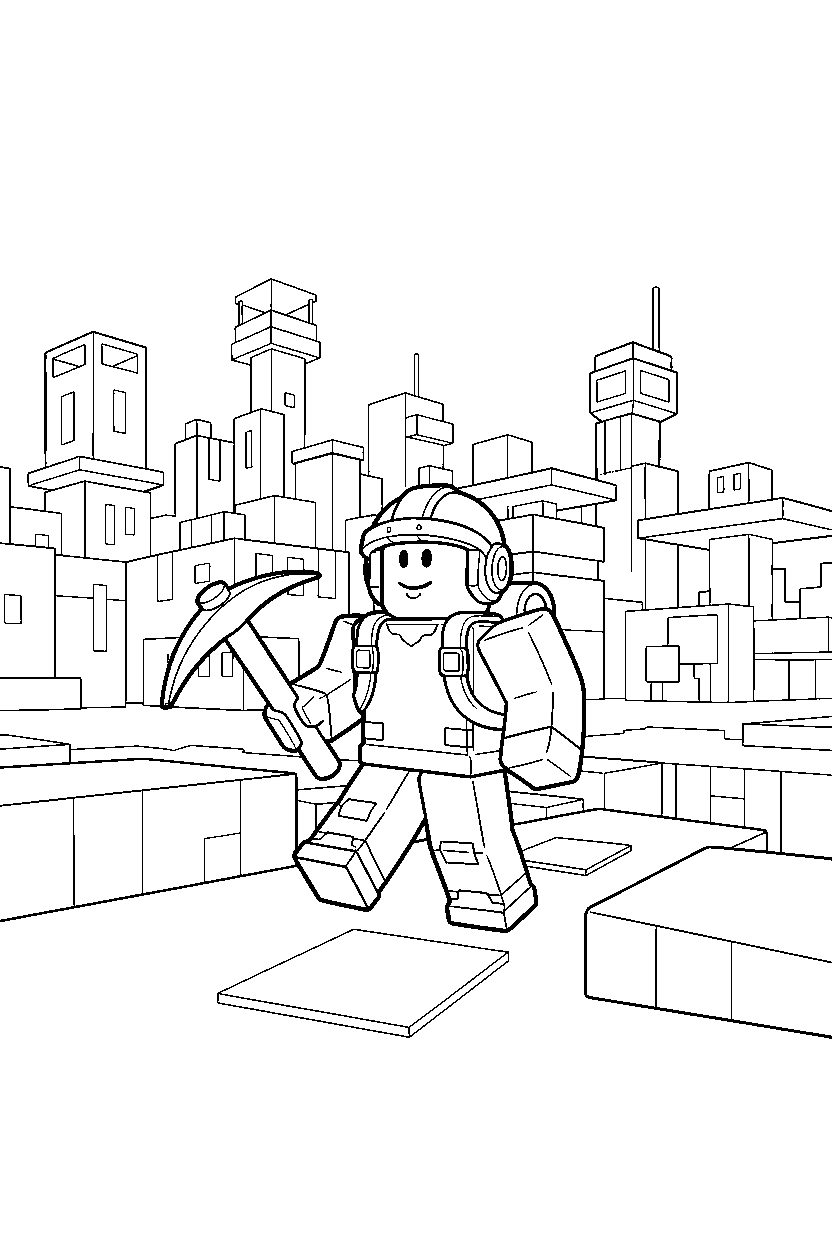 roblox block adventurer exploring in a roblox city line art