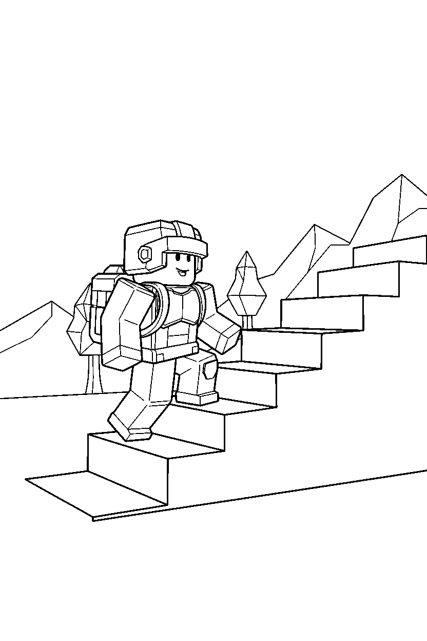 roblox block adventurer exploring near block stairs line art