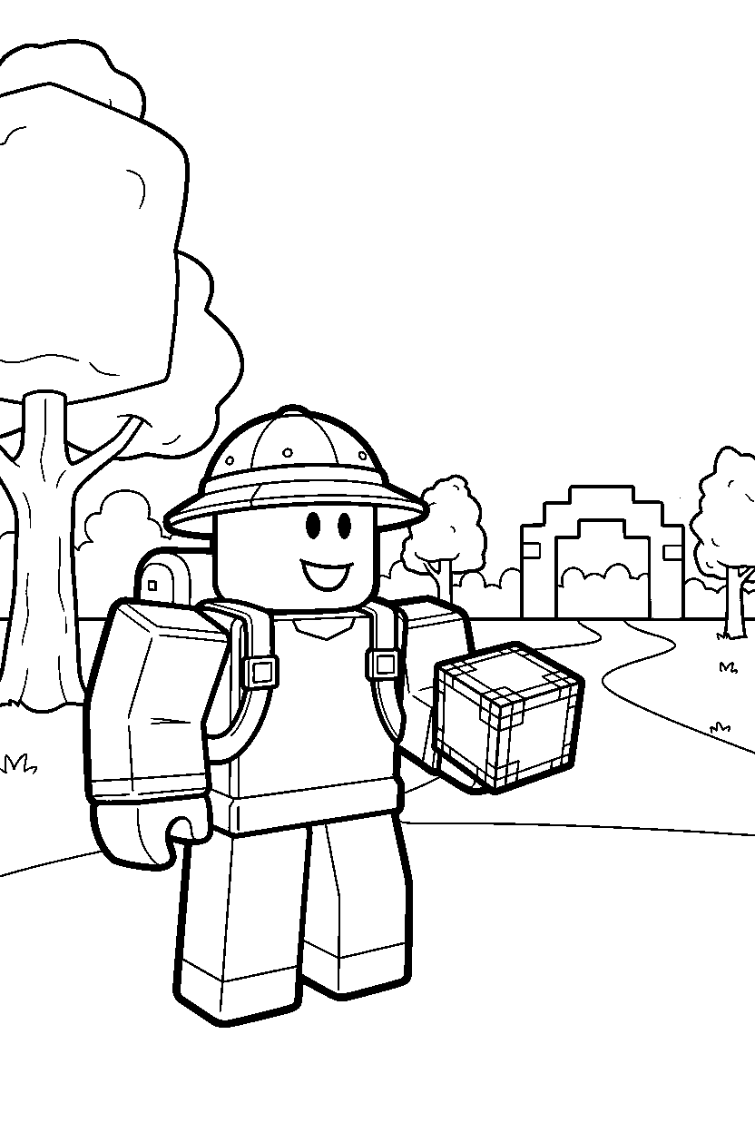 roblox block adventurer holding a block in a block park line art