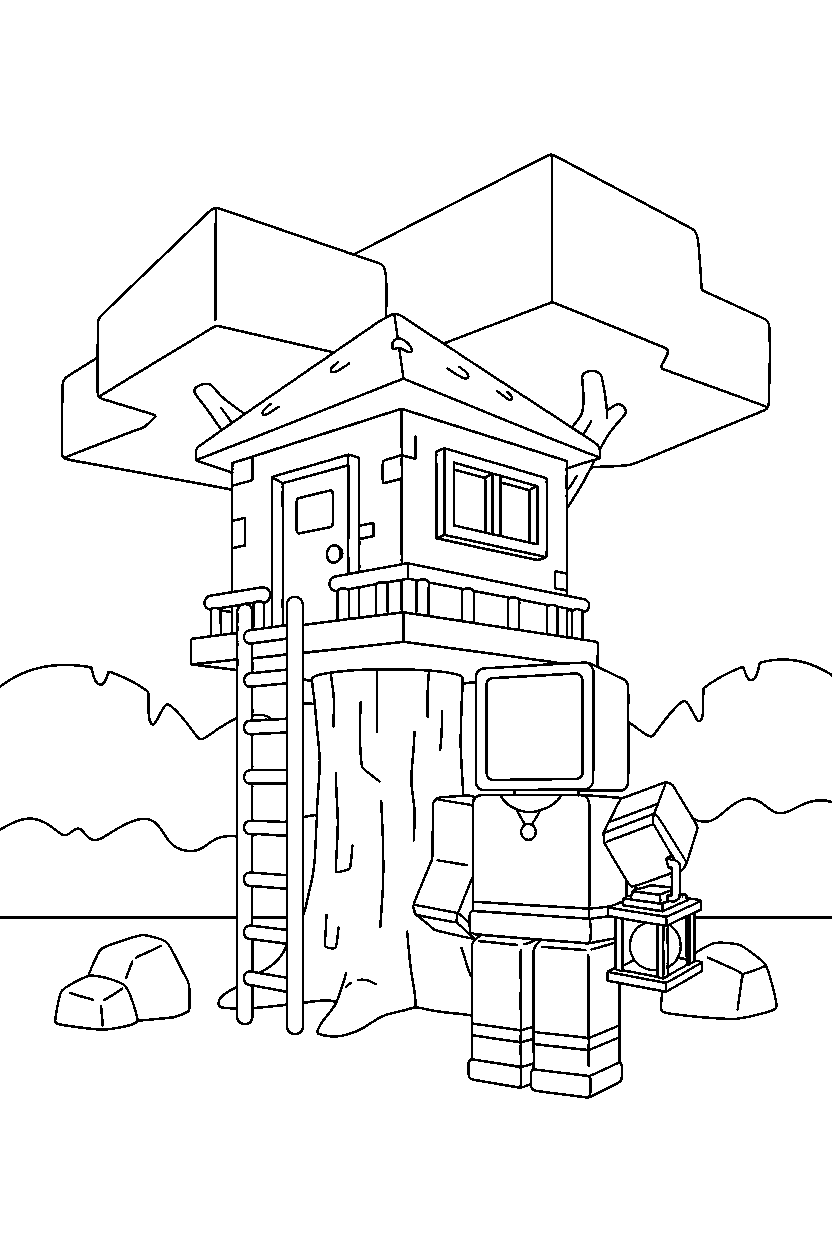 roblox block adventurer holding a lantern near a block tree house line art