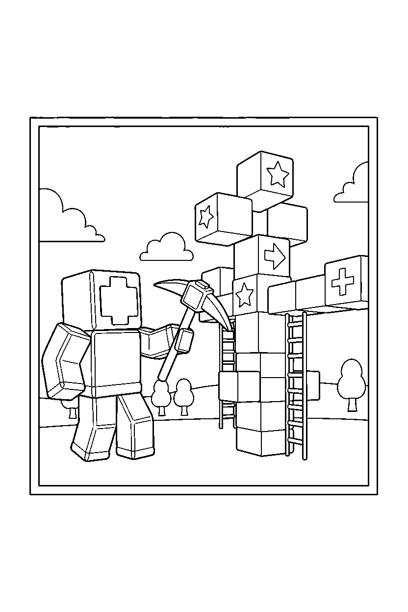 roblox block adventurer holding a tool near a block parkour tower line art