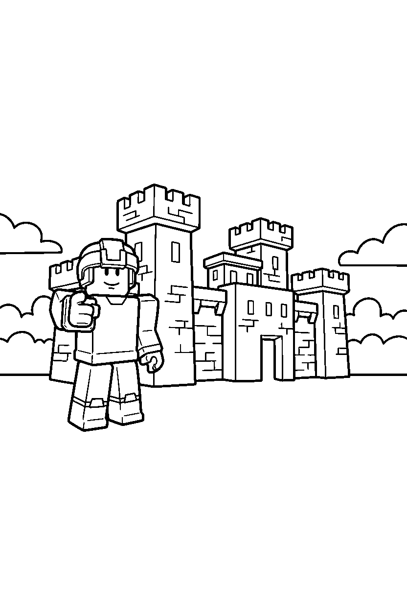 roblox block adventurer pointing forward near a block fort line art