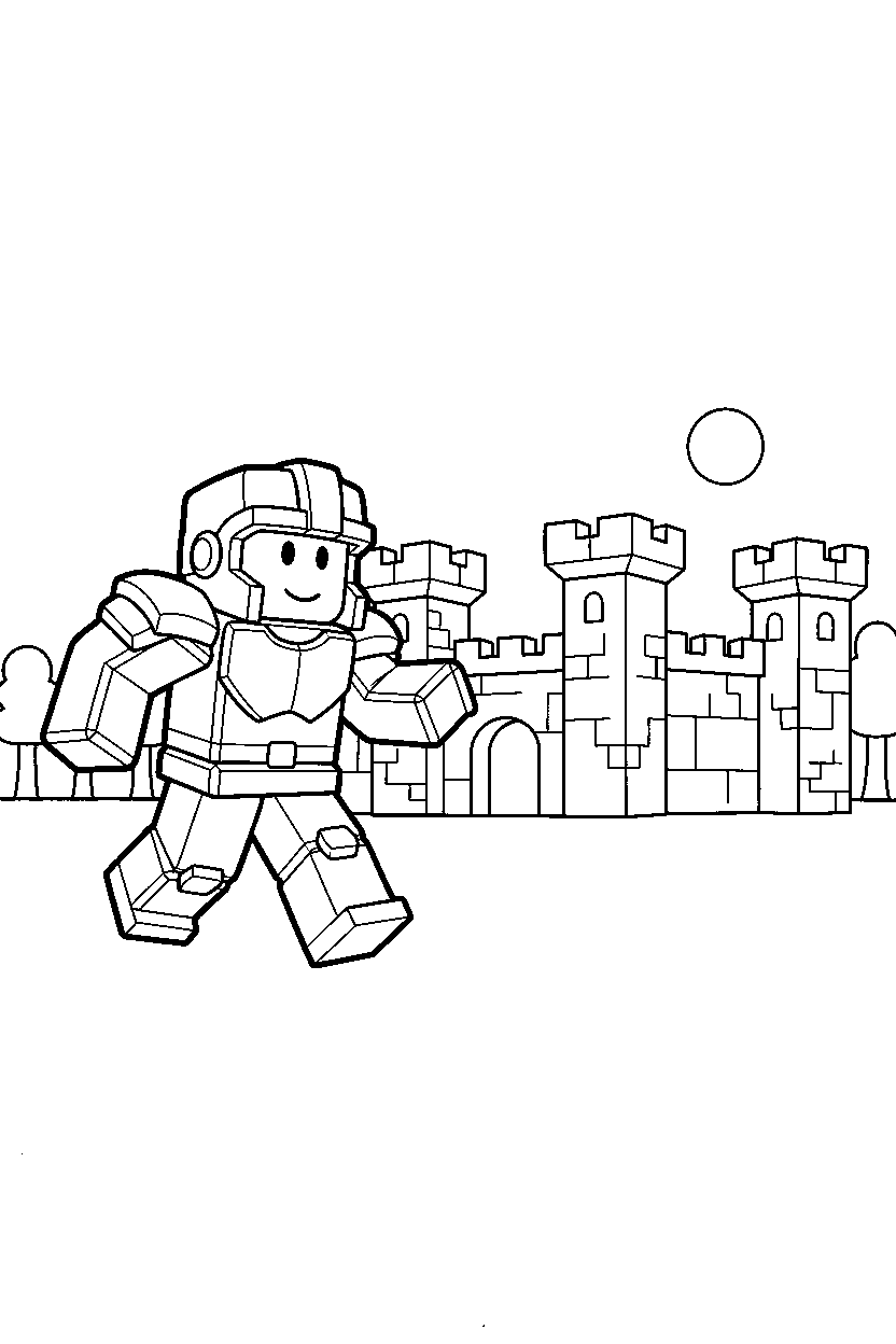 roblox block adventurer running near a block fort line art