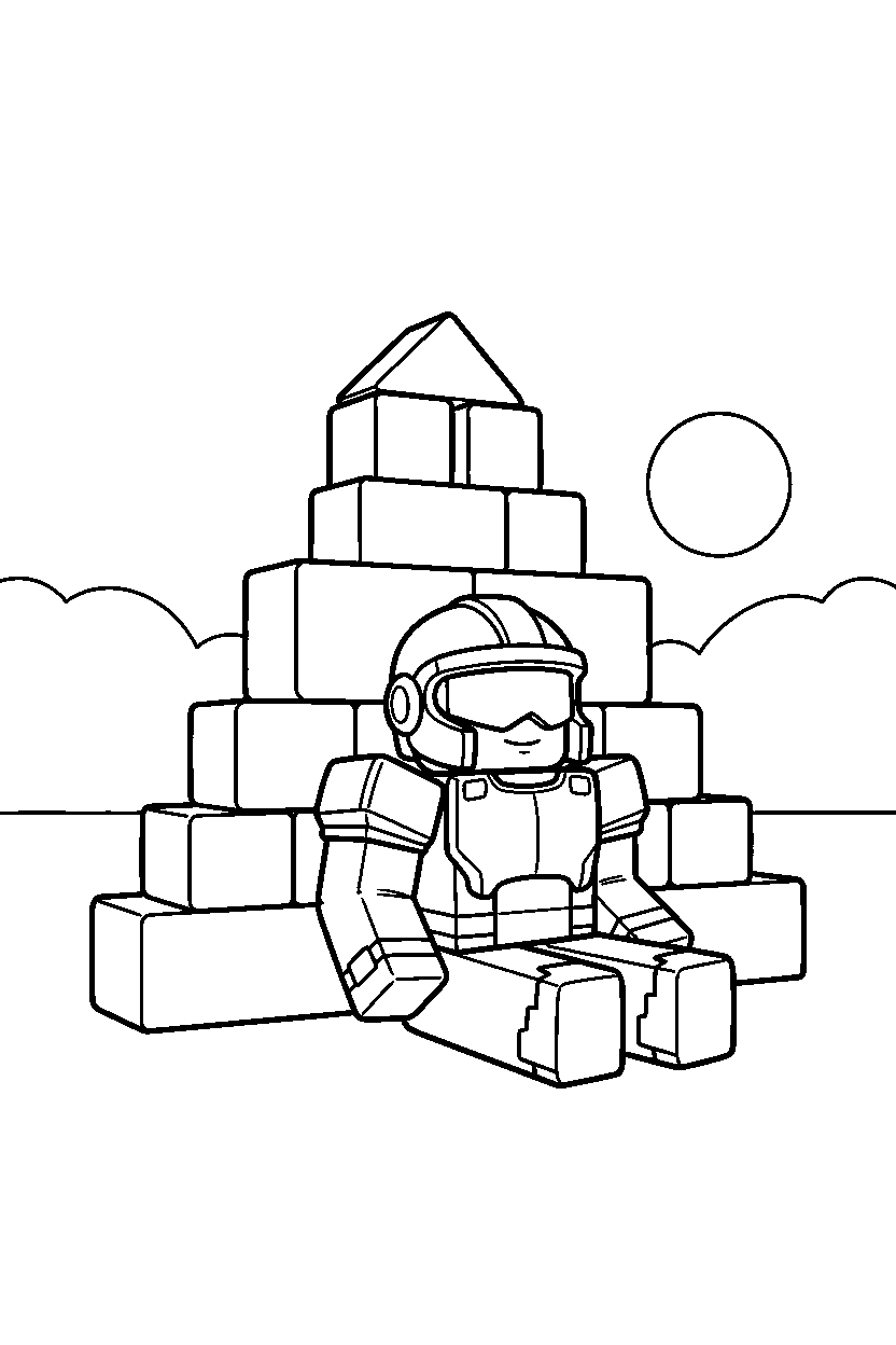roblox block adventurer sitting near stacked blocks line art