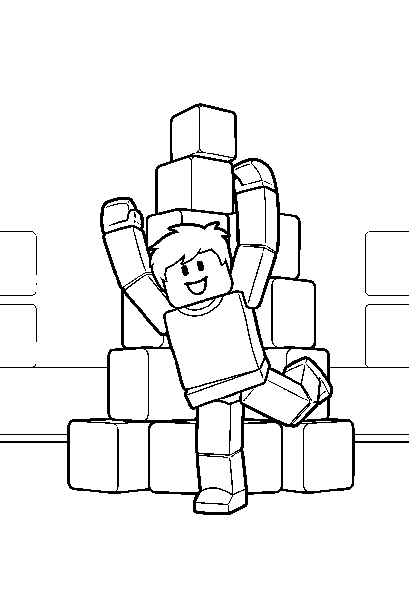 roblox block adventurer stretching near stacked blocks line art